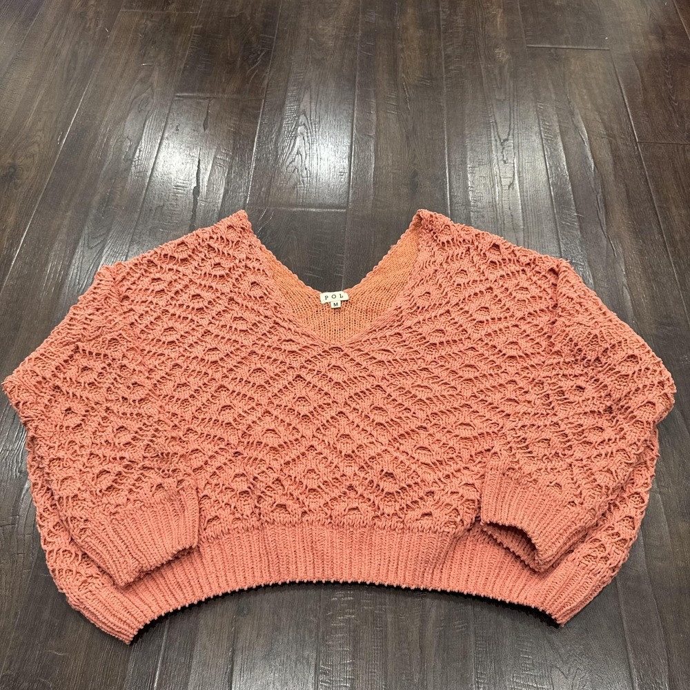 POL Sweater Womens Medium Orange V Neck Open Knit Dolman Cropped Lightweight